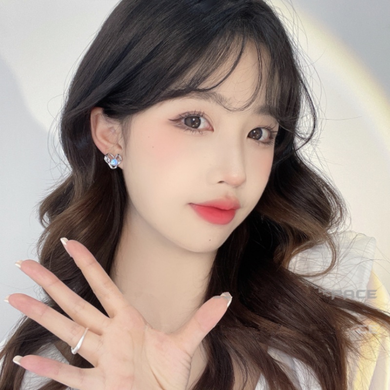 Roselife Keren Manis Perak Moonstone Heart Stud Earrings Untuk Wanita Perempuan Elegan Opal Heart Y2K Earring Jewelry 1pasang