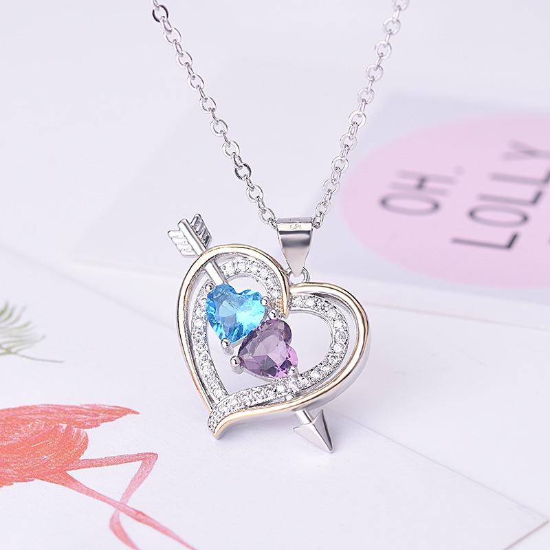 Goldkingdom Fashion Perhiasan Aksesoris Ready Stock Hati Ke Hati Cinta Warna Ganda Liontin Berlian Penuh Berlapis Perak Birthstone Kalung Wanita