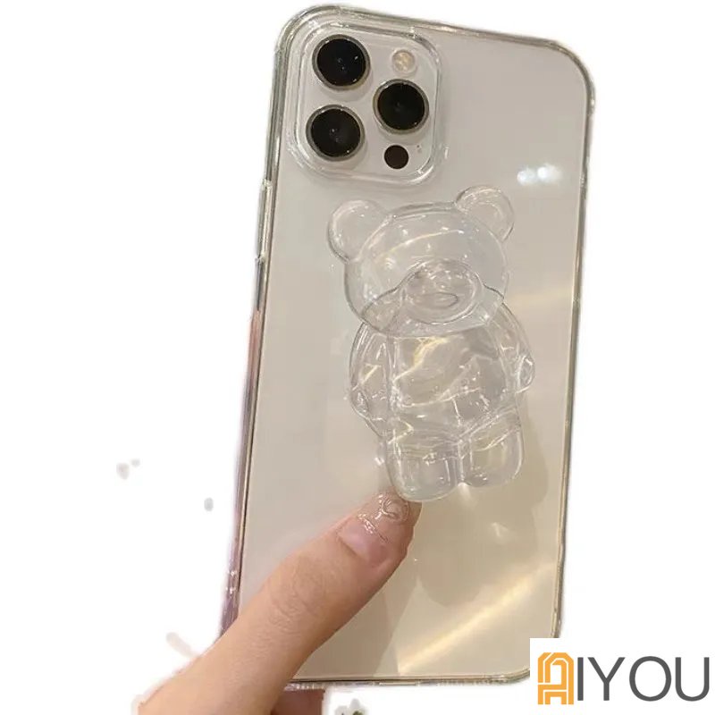 IPHONE Cute Bear Clear Ring Holder bracket Casing Ponsel Silikon Lembut Untuk Iphone14 13 12 11 Pro Max XR X XS 6 7 8 Plus SE Mini bumper Cover