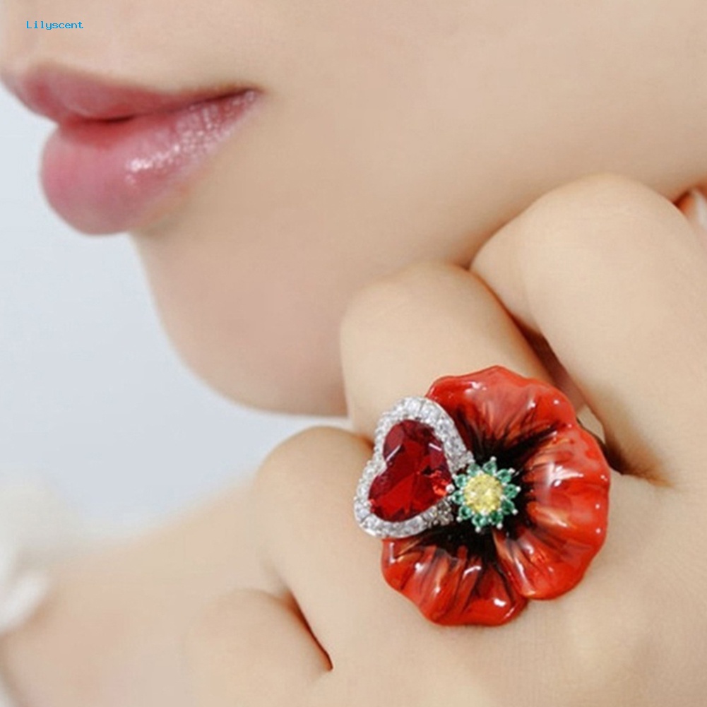 Lilyscent Pesta Pernikahan Fashion Bunga Bentuk Hati Ruby Imitasi Jari Cincin Perhiasan Pengantin