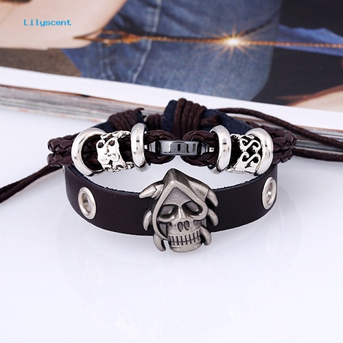 Lilyscent Pria /'s Wanita Fashion Punk Tengkorak Dikepang Kulit Imitasi Multilayer Handmade Gelang