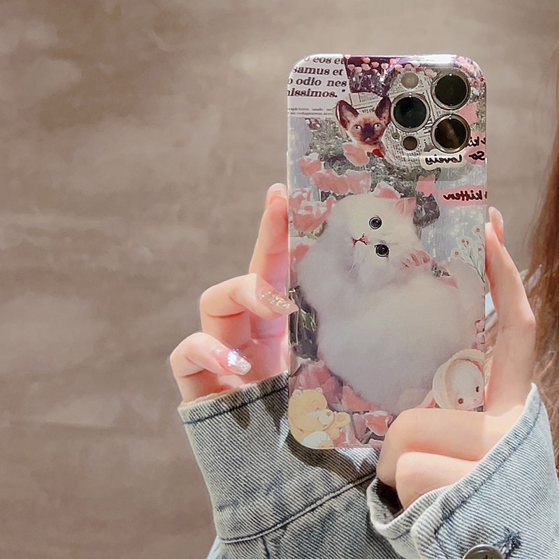 Ultrathin PC Hard Full Protective Case IPhone 7 8 Plus 7+ 8+ XR XS Max 11 12 13 14 Pro Max 14Plus SE 2020 Women's Gift Cute Pink Flower Cat Nonskid