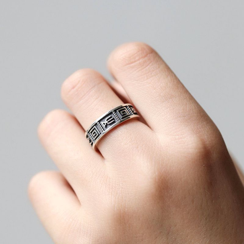 Cincin Mahjong Perak Polos Perempuan Fashion Retro Tertekan Terbuka Jari Telunjuk Cincin
