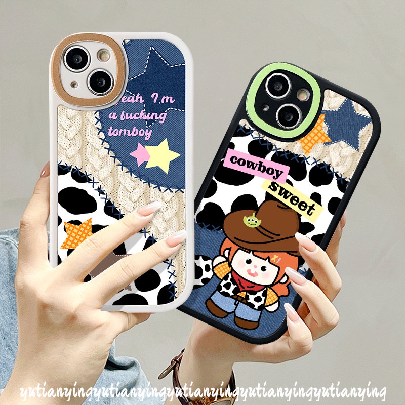 IPHONE Kartun Lucu Koboi Bintang Denim Ponsel Case Kompatibel Untuk Iphone6 8 7 6s Plus XS XR X Max11 12 14 13 Pro Max SE 2020 Patch Motif Leopard Lembut Tpu Pasangan Penutup Belakang