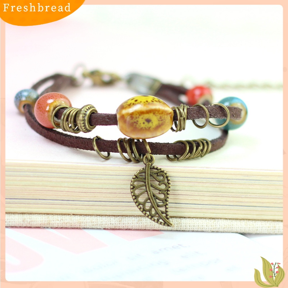 &lt; Freshbread &gt; Bohemian Wanita Double Layer Leaf Charm Ceramics Beads Gelang Tali Kulit Imitasi