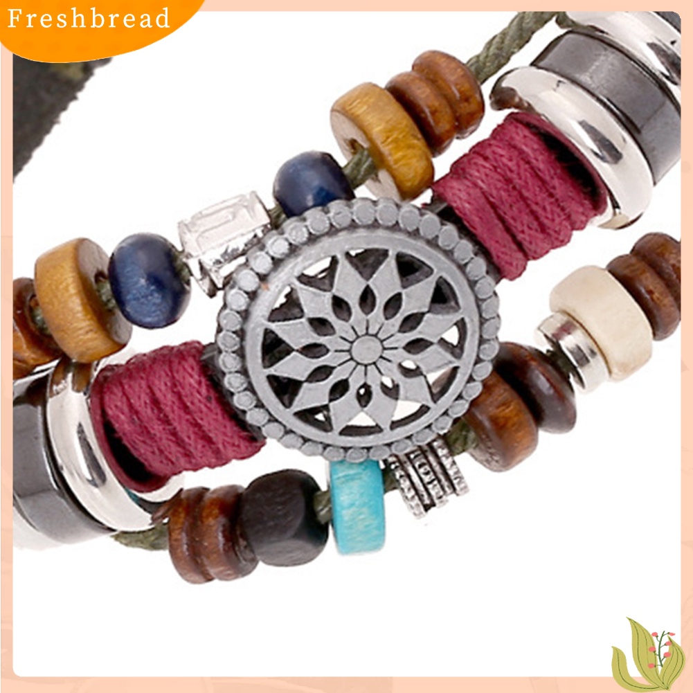 &lt; Freshbread &gt; Boho Wanita Multi Layer Manik-Manik Anyaman Tali Kulit Gelang Adjustable Jewelry