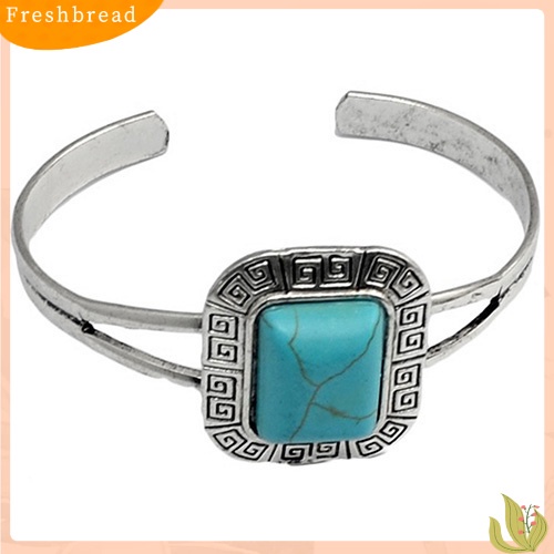 &lt; Freshbread &gt; Perhiasan Wanita Gaya Retro Geometris Turquoise Pembukaan Manset Bangle Gelang