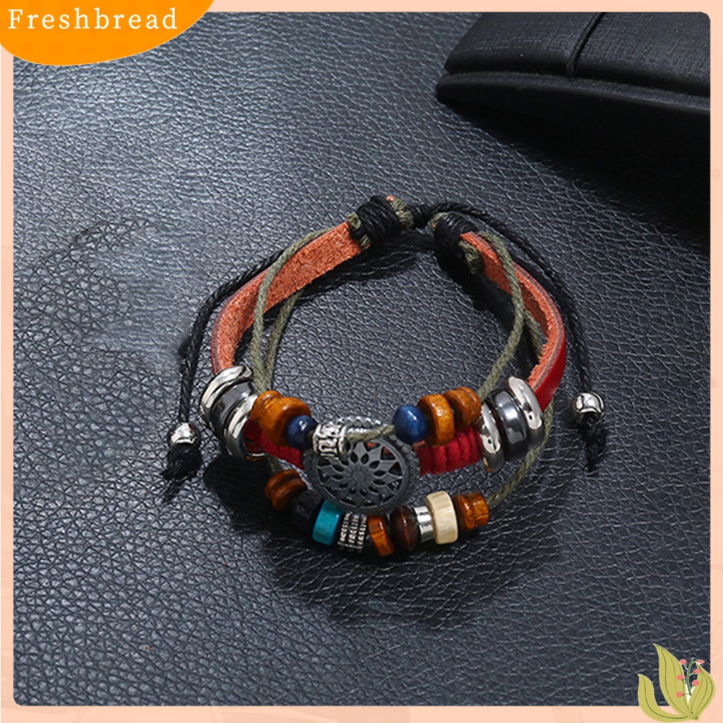 &lt; Freshbread &gt; Gelang Kulit Imitasi Vintage Tiga Lapisan Dikepang Bungkus Manik-Manik Kayu Adjustable Hias Hadiah Pria Wanita Gelang Tali Bangle Perhiasan Untuk Pakaian Sehari-Hari