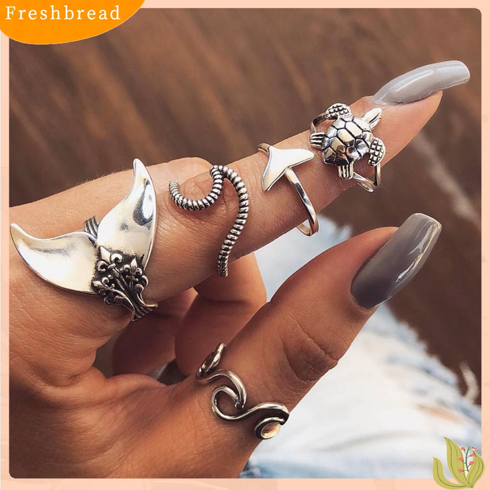 &lt; Freshbread &gt; 5Pcs/Set Boho Wanita Turtle Wave Whale Tail Knuckle Midi Jari Cincin Perhiasan