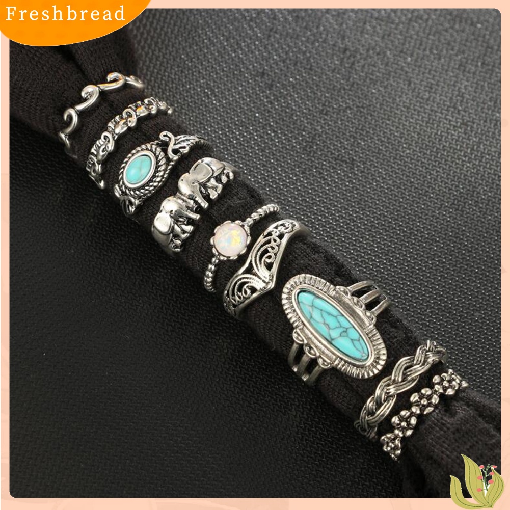 &lt; Freshbread &gt; 9Pcs/Set Boho Stack Gajah Bunga Faux Turquoise Midi Finger Knuckle Rings