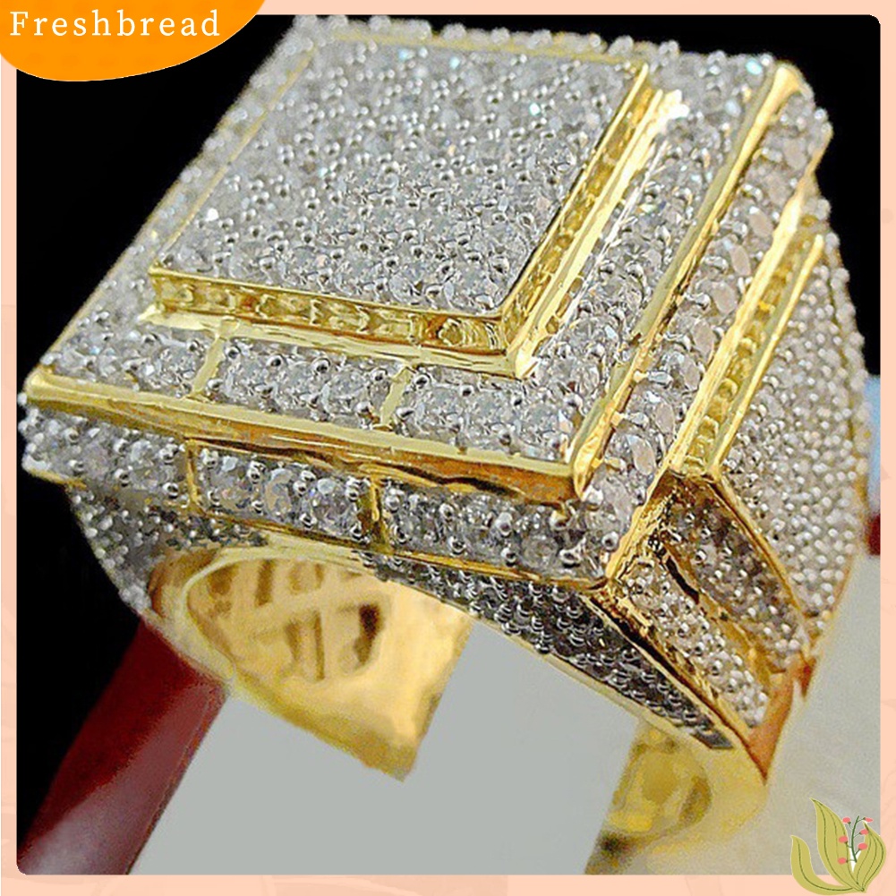 &lt; Freshbread &gt; Pria Fashion Besar Persegi Hip Hop Penuh Micro Berlian Imitasi Pave Rings Perhiasan Pernikahan