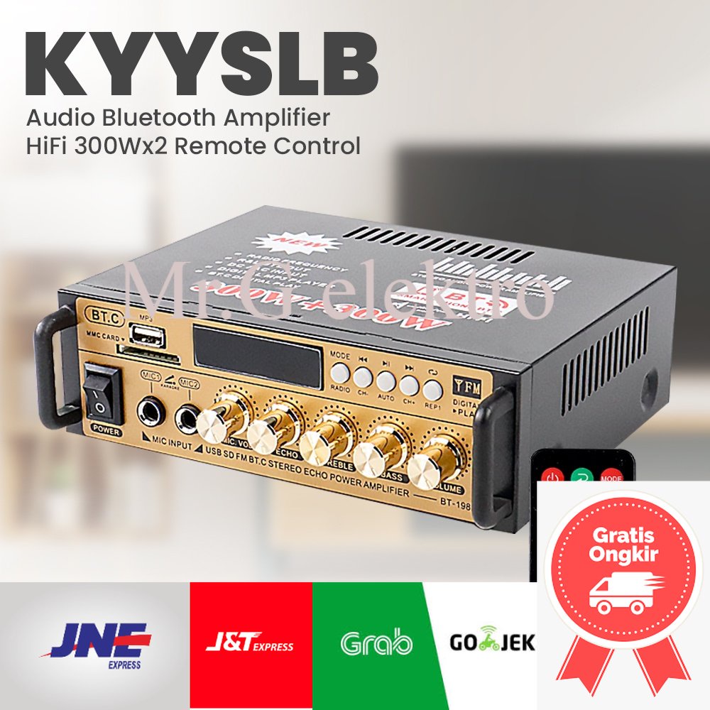 KYYSLB Audio Bluetooth Amplifier HiFi Stereo 300Wx2 with Remote Control - BT-198E - Black / karaoke 