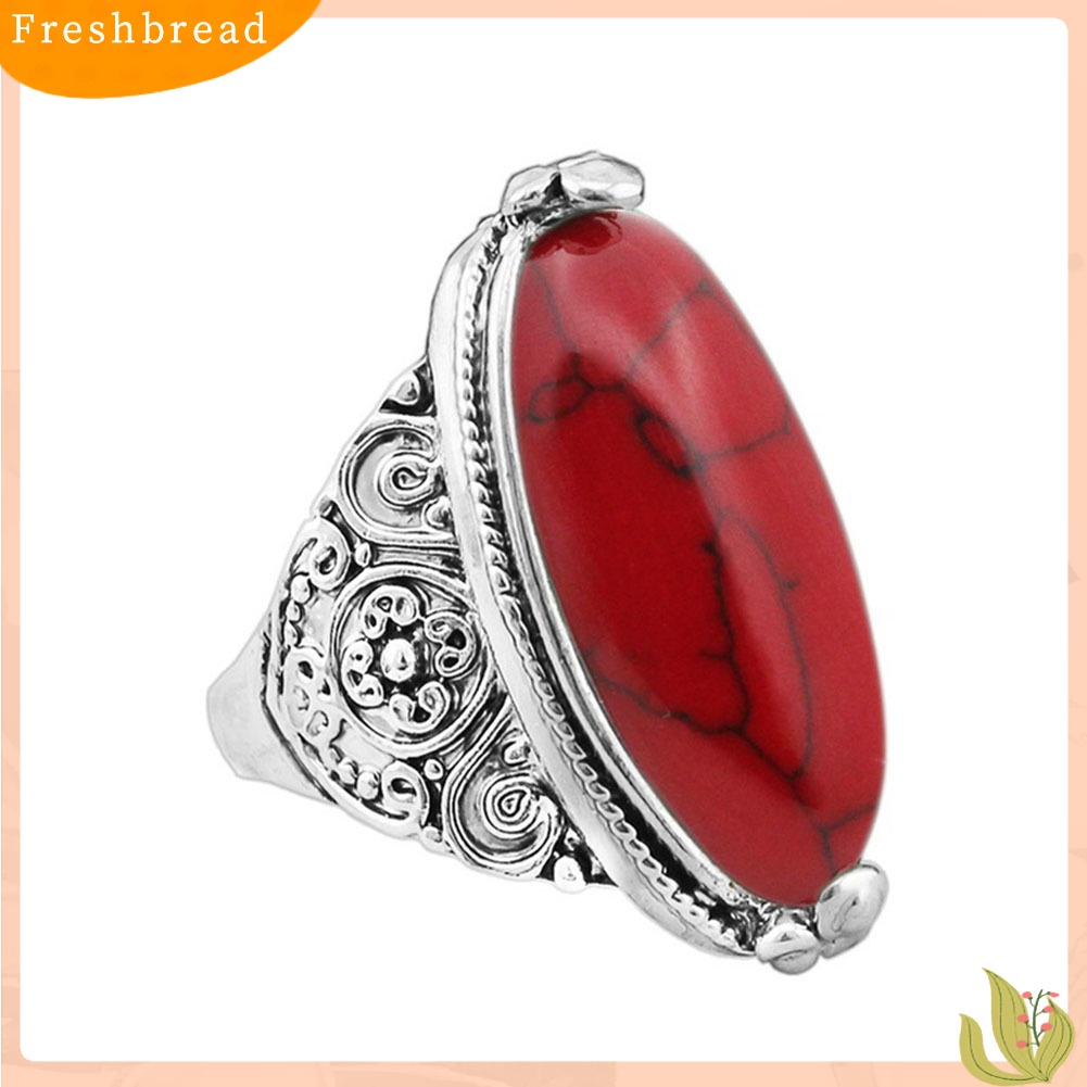 &lt; Freshbread &gt; Wanita Boho Vintage Oval Pirus Antik Perak Disepuh Ukir Cincin Perhiasan