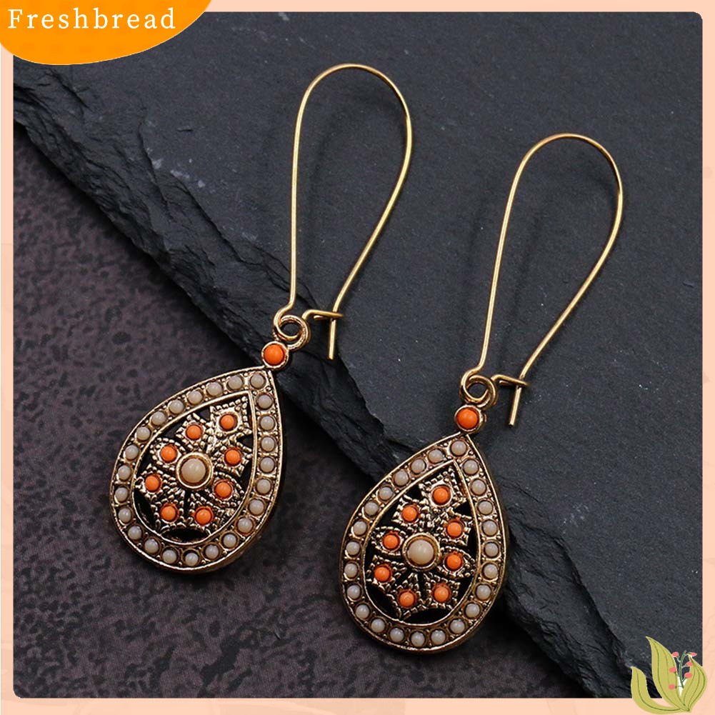 &lt; Freshbread &gt; Bohemian Wanita Manik-Manik Faux Turquoise Hias Hollow Teardrop Menjuntai Kait Anting