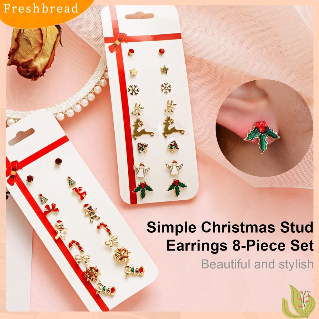 &lt; Freshbread &gt; 8pasang/Set Ikatan Simpul Berlian Imitasi Meriah Wanita Anting Pohon Natal Tebu Snowman Stud Earrings Klasik Perhiasan