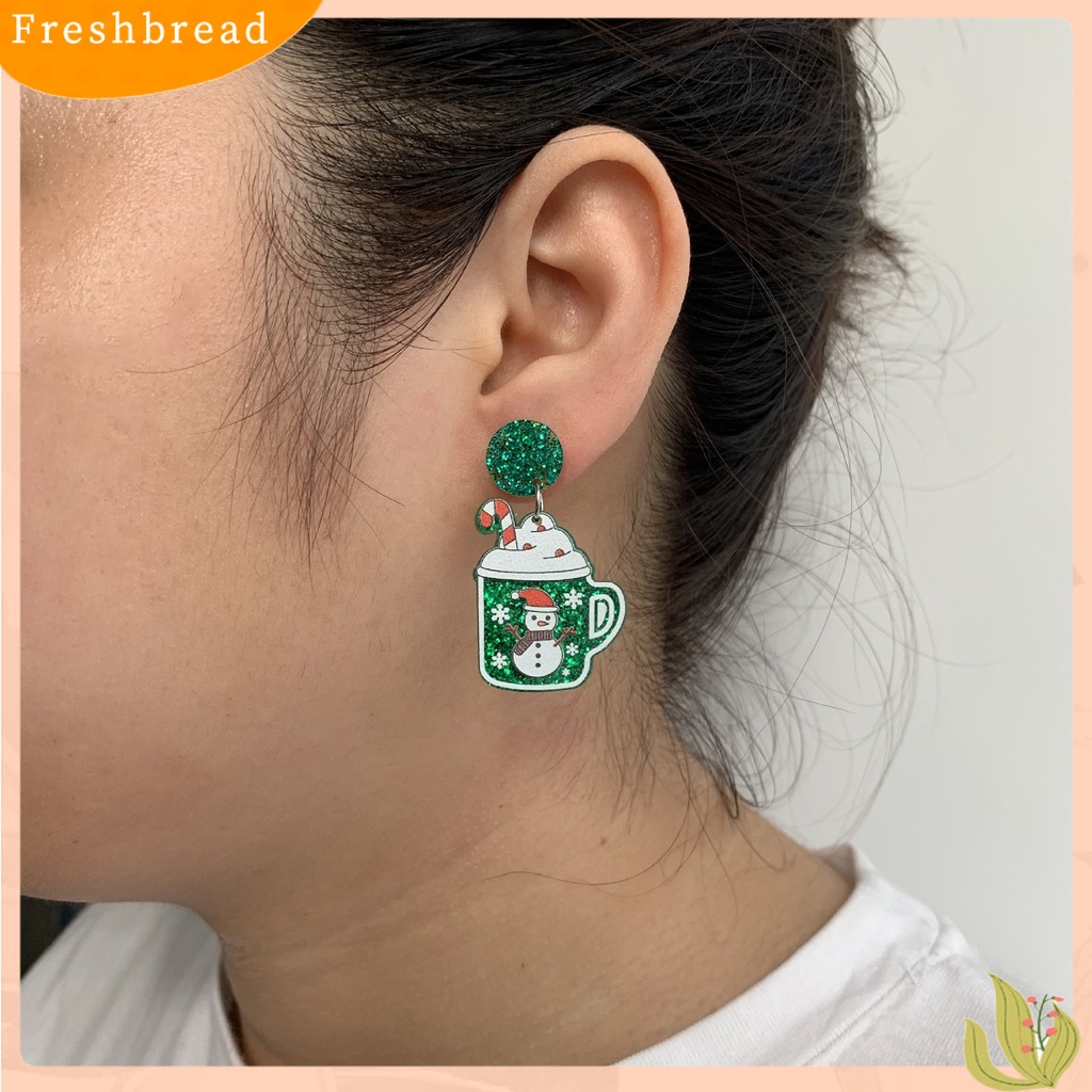 &lt; Freshbread &gt; 1pasang Anting Natal Motif Rumah Glitter Wanita Semua Pertandingan Cangkir Snowman Stud Earrings Untuk Pesta