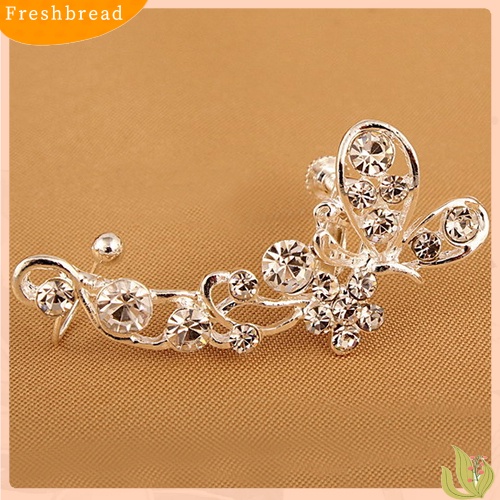 &lt; Freshbread &gt; Retro Faux Crystal Butterfly Flower Ear Cuff Stud Earring Clip on Untuk Telinga Kanan