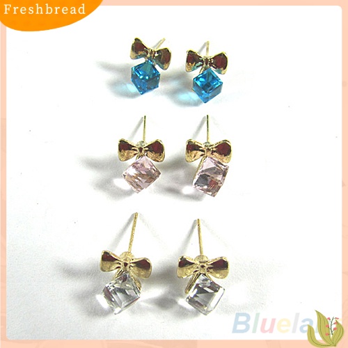 &lt; Freshbread &gt; Wanita Kilau Chic Ikatan Simpul Shiny Cube Berlian Imitasi Ear Studs Lucu Menjuntai Anting-Anting