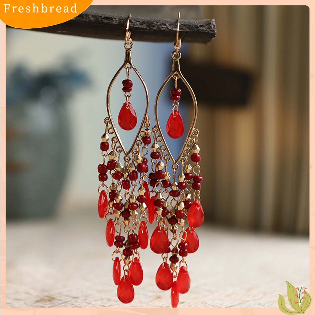 &lt; Freshbread &gt; 1pasang Anting Menjuntai Menawan Gaya Etnik Alloy Hollow Beads Rumbai Wanita Earrings Untuk Pesta