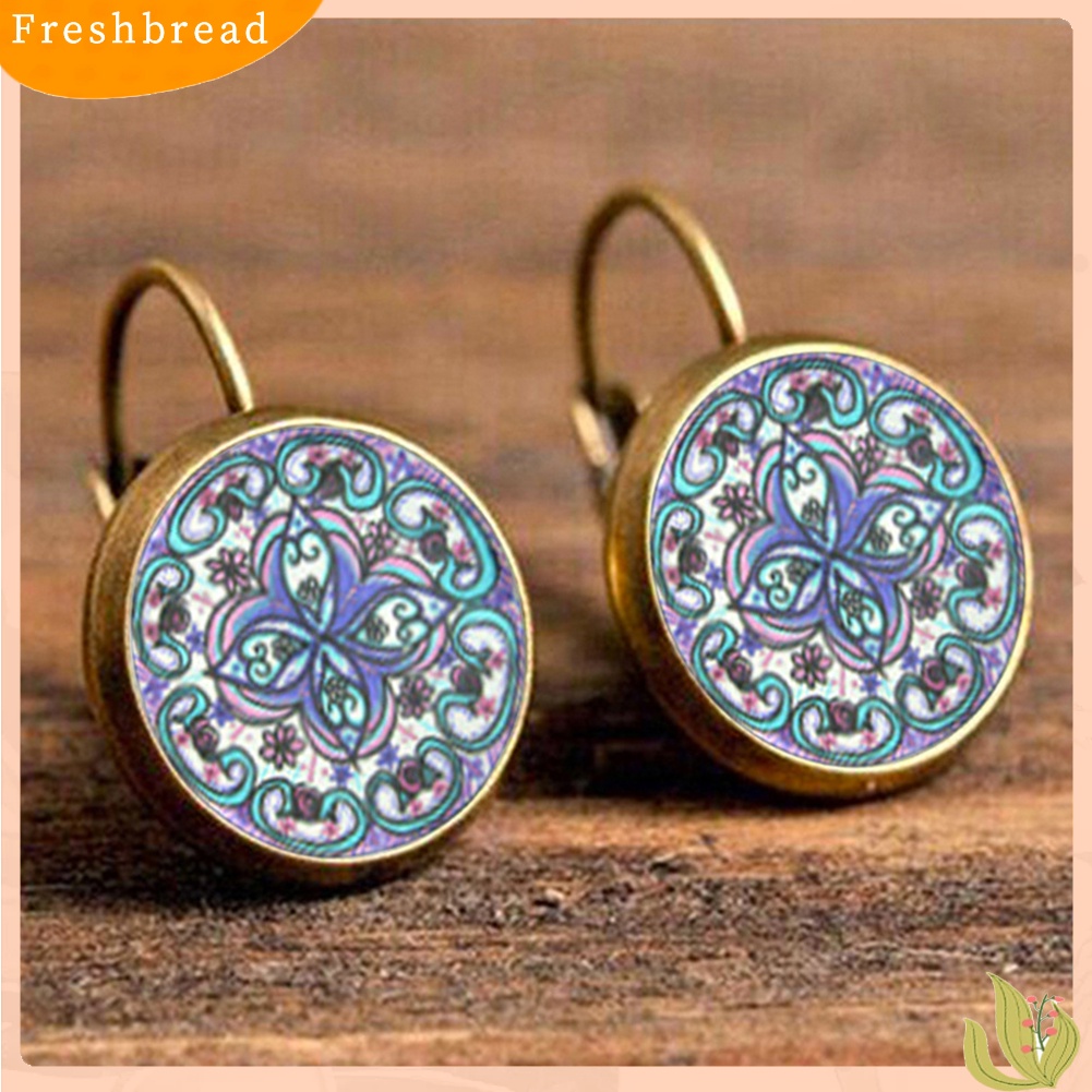 &lt; Freshbread &gt; Retro Mandala Bunga Bulat Perunggu Klip Telinga Gadis Wanita Leaverback Earrings