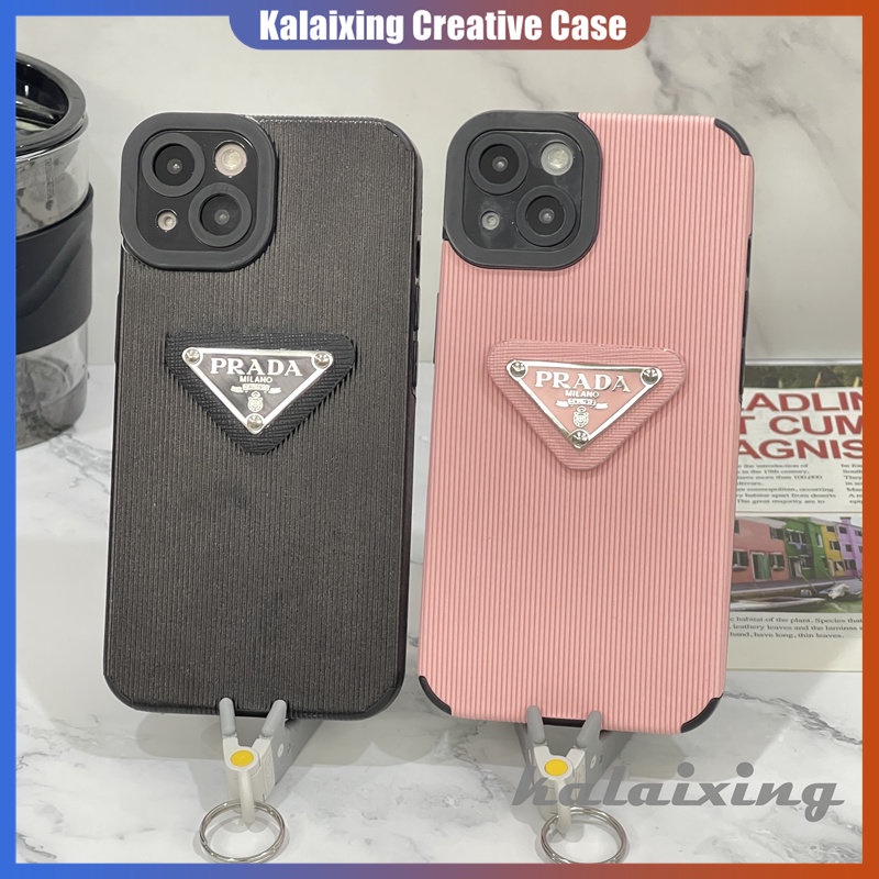 Soft Case Kulit Persegi 3D Logo PRADA Case Untuk iPhone 14 Pro Max13 12 Pro Max iP11 X XR Xs Max7 8 Plus