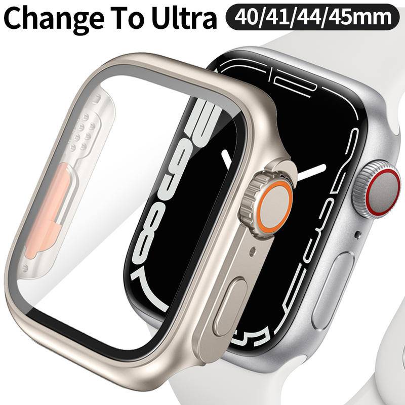 Change to Ultra For Apple Watch Case Series8 7 45mm 41mm Pelindung Layar PC Cover Untuk iWatch 4 5 6 SE 44mm 40mm Tempered Glass