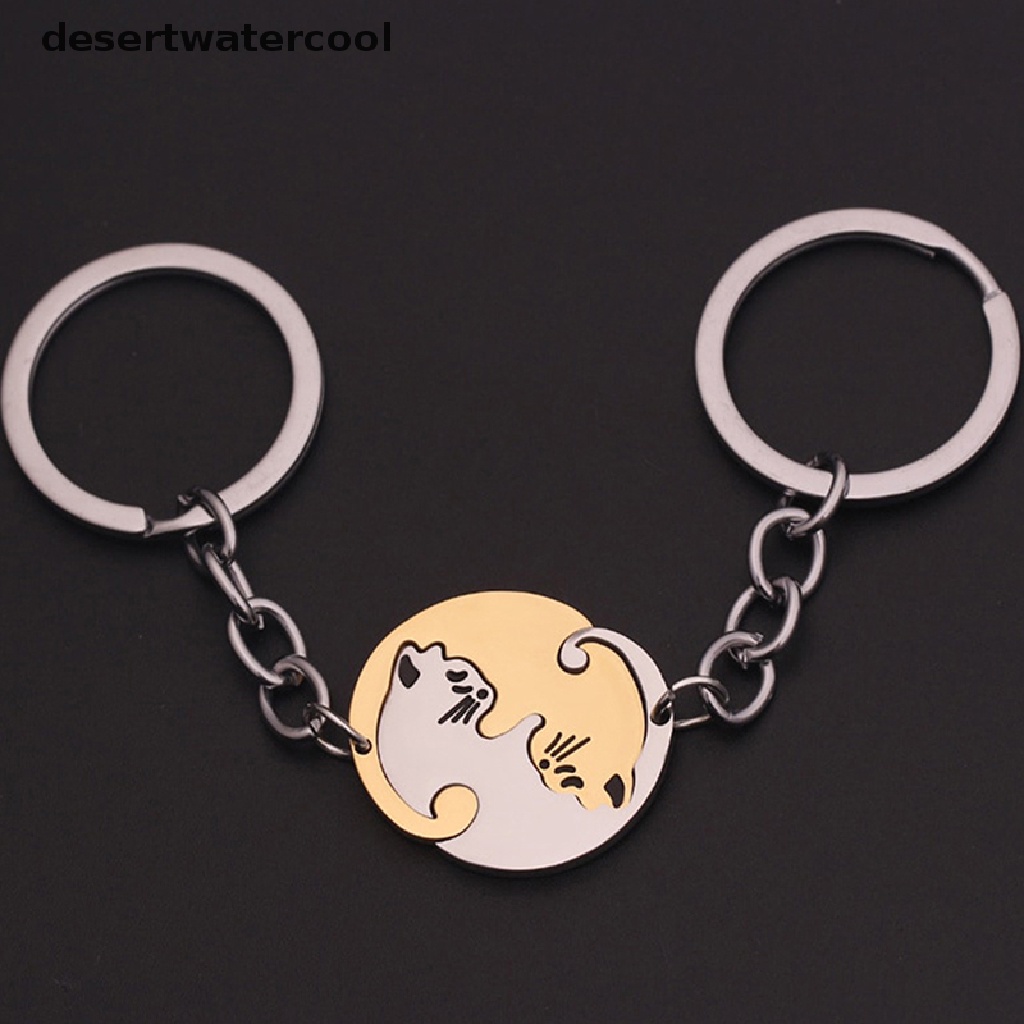 Deid 1pasang Lucu Kucing Hitam Gantungan Kunci Patchwork Hati Bulat Pasangan Pecinta Keyring Stainless Steel Ransel Kunci Mobil Gantungan Perhiasan Martijn