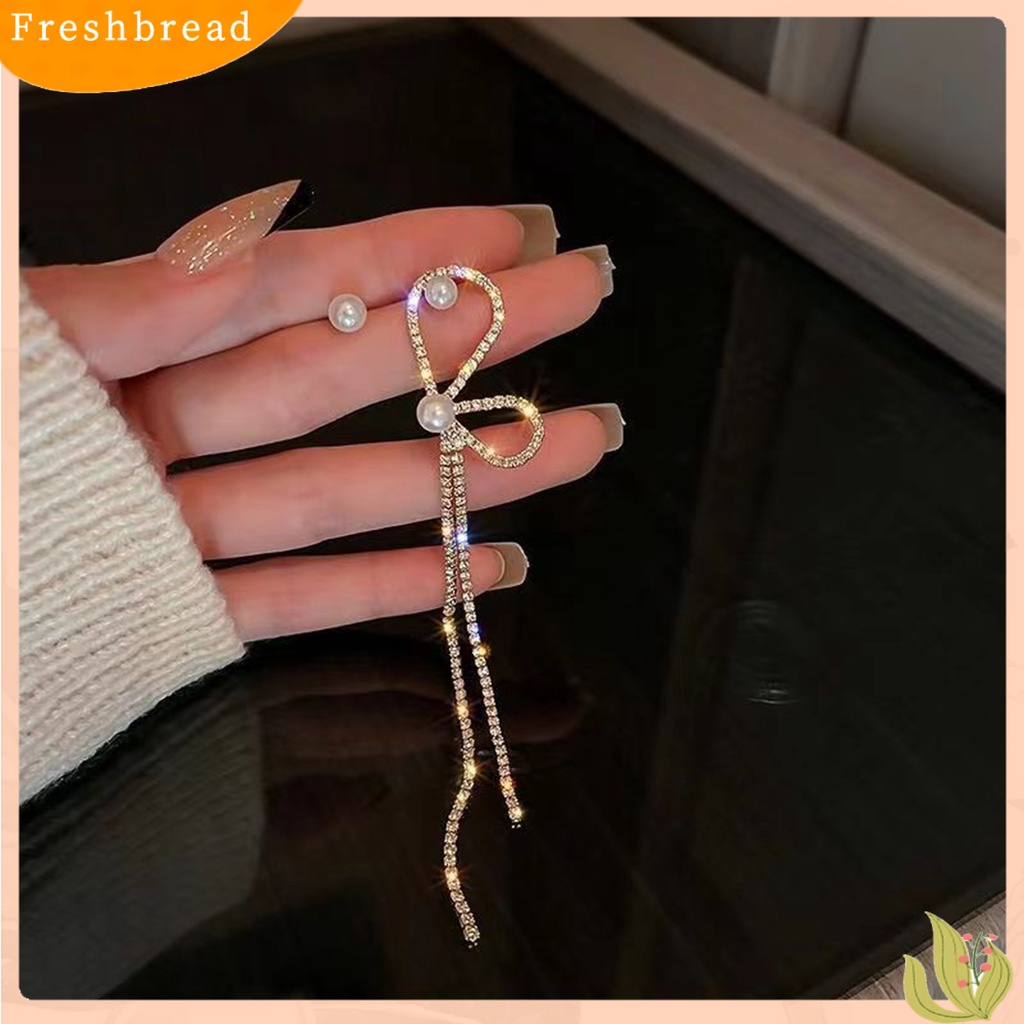 {In Stock} 1pasang Anting Rumbai Asimetri Busur Mutiara Imitasi Berlian Imitasi Bersinar Dekorasi Tahan Luntur Panjang Rumbai Menjuntai Anting Gantung Aksesoris Perhiasan