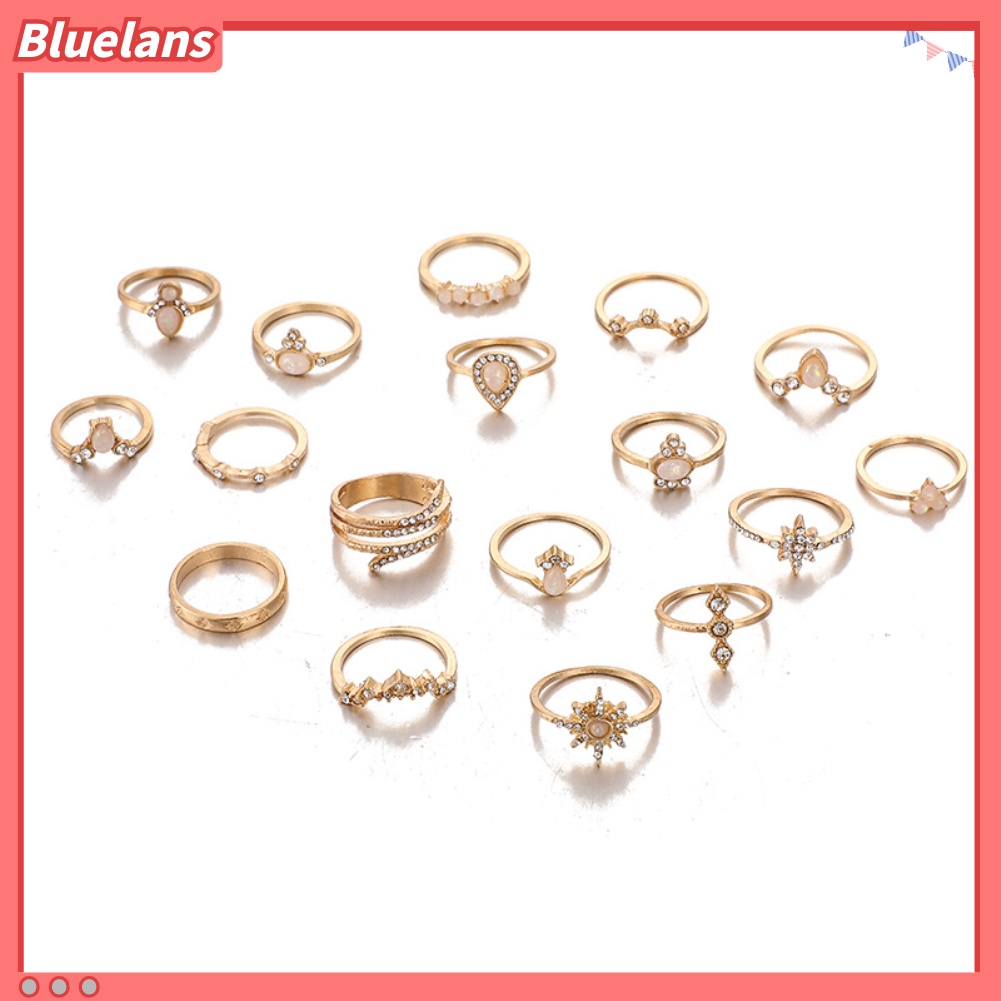 {In Stock} 17Pcs/Set Bohemian Wanita Berlian Imitasi Hias Bunga Jari Cincin Pesta Perhiasan Hadiah