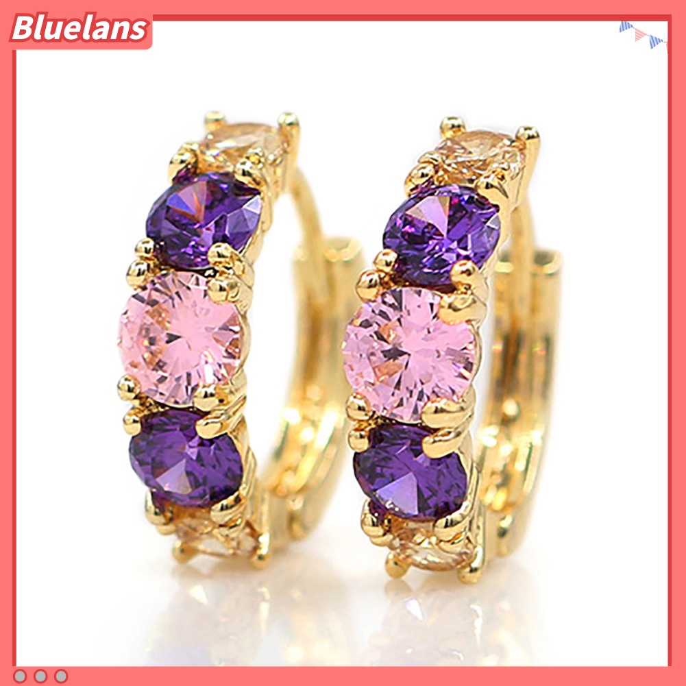 {In Stock} Wanita Fashion Berlapis Emas 9K Ungu Zirkon Eardrop Huggie Anting Perhiasan Hadiah