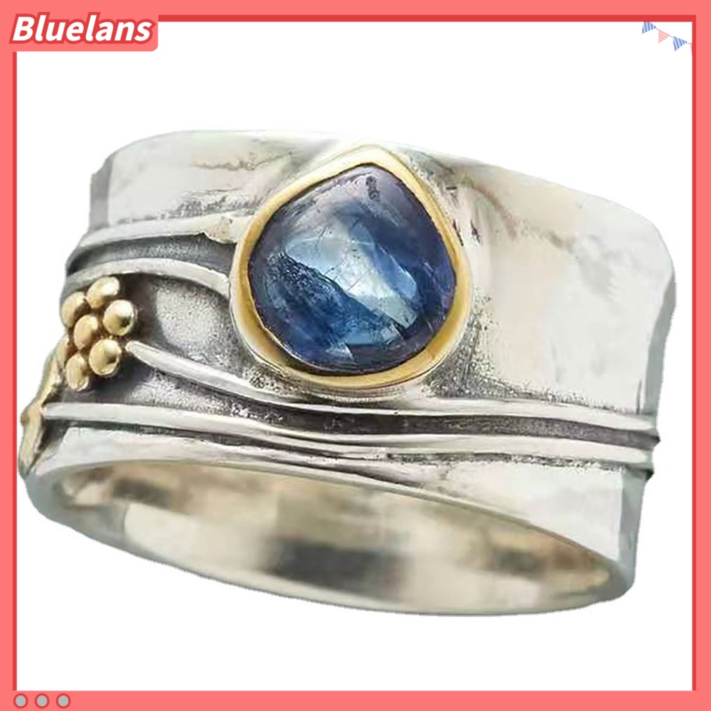 {In Stock} Cincin Vintage Two-tone Sederhana Statement Biru Permata Imitasi Daun Bunga Jari Cincin Perhiasan Aksesoris