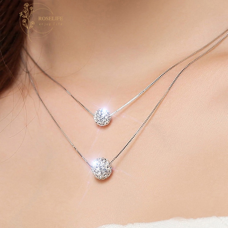 Roselife Mewah Double Layer Bersinar Zirkon Bola Liontin Kalung Untuk Wanita Gadis Utopia Perak Link Rantai Choker Beruntung Kalung Elegan Perhiasan Hadiah