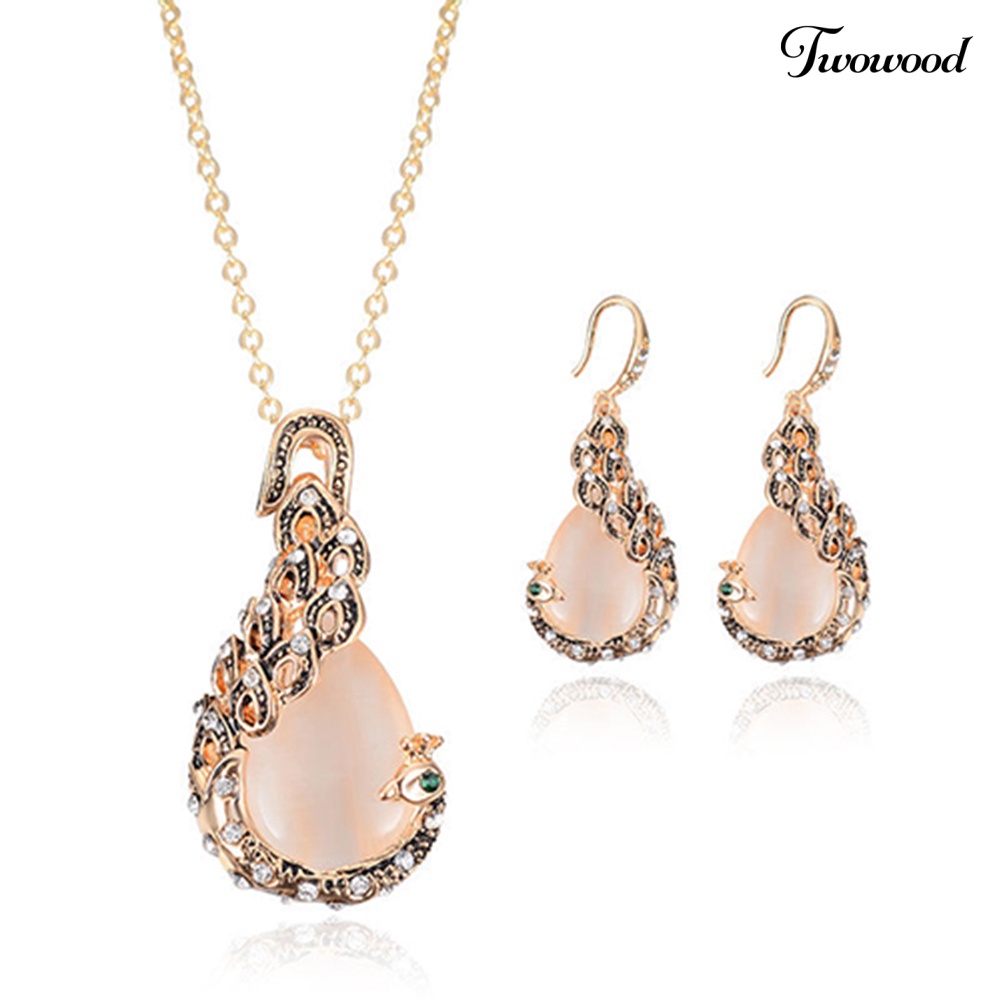 Twowood Wanita Elegan Tetesan Air Berlian Imitasi Liontin Kalung Kait Anting Set Perhiasan