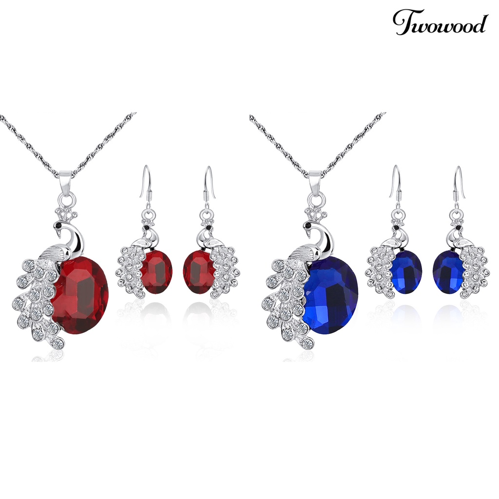 Twowood 2Pcs/Set Kalung Anting Set Biru Kristal Imitasi Kepribadian Glitter Indah Bentuk Merak Hias Berlian Imitasi Liontin Anting Kalung Perhiasan Aksesori