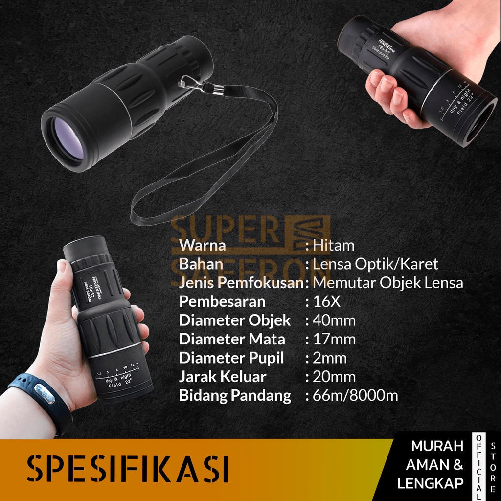 16×52 Teleskop Lensa Zoom HP Monokular Teropong Jarak Jauh Peralatan Focus