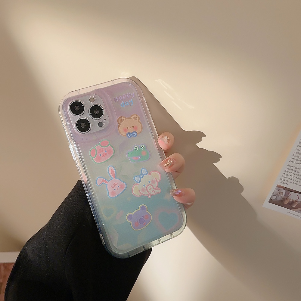 IPHONE Cute Pig Rabbit Frog Bear Dengan Gradasi Warna Casing Transparan Untuk Iphone14 11 12 13 PRO MAX Casing Cover Pelindung AT0141