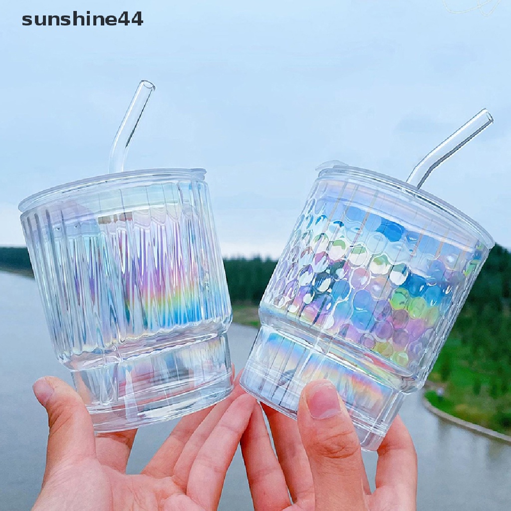 Sunshine Gelas Kaca 400ML Iridescent Dengan Tutup Straw Beer Juice Milk Tea Glass Cups ID