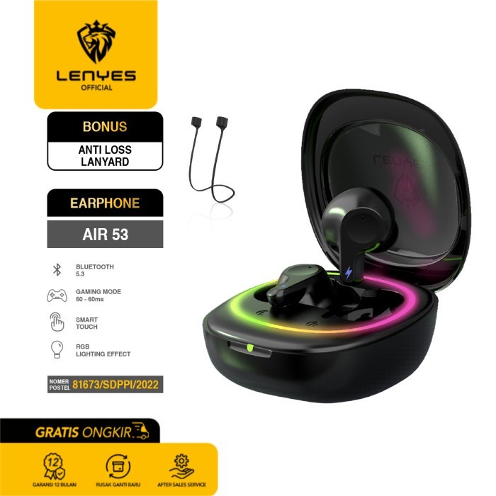 LENYES TWS Earphone Air 53 Wireless Headset Gaming RGB Bluetooth - Hitam headset handsfree earbud rechargeable stereo in ear mini