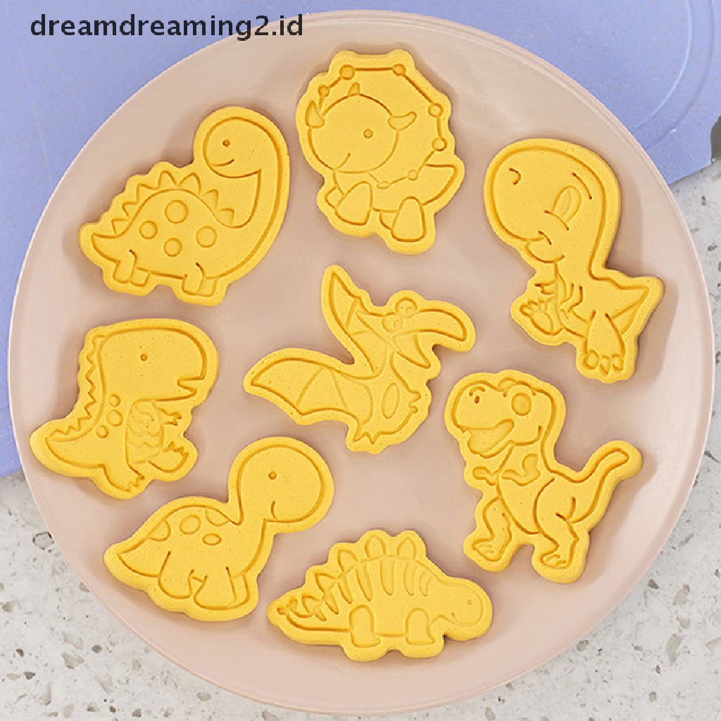 (hot) 8pcs/set Kartun Dinosaurus Cookie Pemotong 3D Plastik Pressable Biskuit Cetakan Cookie Stamp Dapur Baking Pastry Bakeware Alat Perlengkapan Baking DIY//