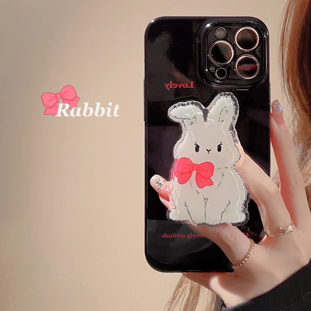 IPHONE Fluffy White Gentle Bunny Glossy Jelly Full Protection Phone Case Cover Dengan Holder Kelinci Untuk Iphone11 12 13 14 PLUS PRO MAX