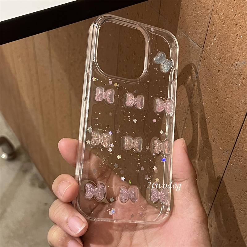 Casing 3D Permen Warna Bow Glitter Sequin Mewah Untuk Iphone14 13 12 11 Pro MAX Plus Mini Bling Lembut Bening Cover Untuk iPhone X XS MAX XR 7 8 Plus SE 2022 2020 14Plus 13Mini 12Mini