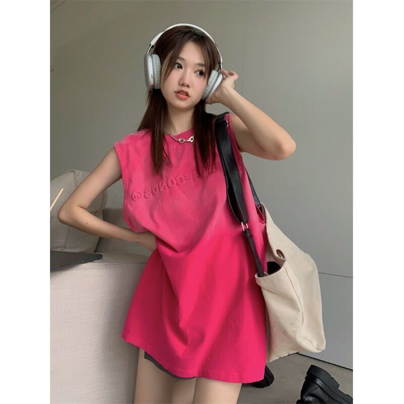 Red Rompi T-shirt tanpa lengan model setengah panjang untuk wanita versi Korea musim panas pakaian luar longgar American retro sports basketball vest top