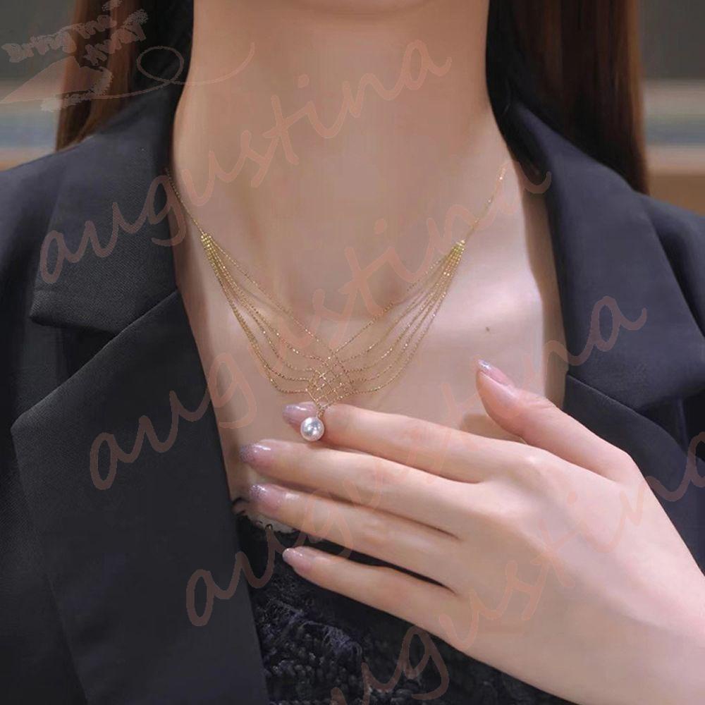 Agustina Kalung Korea Trendi Elegan Hadiah Untuk Perempuan Multi Layer Manik-Manik Rantai Leher Perhiasan