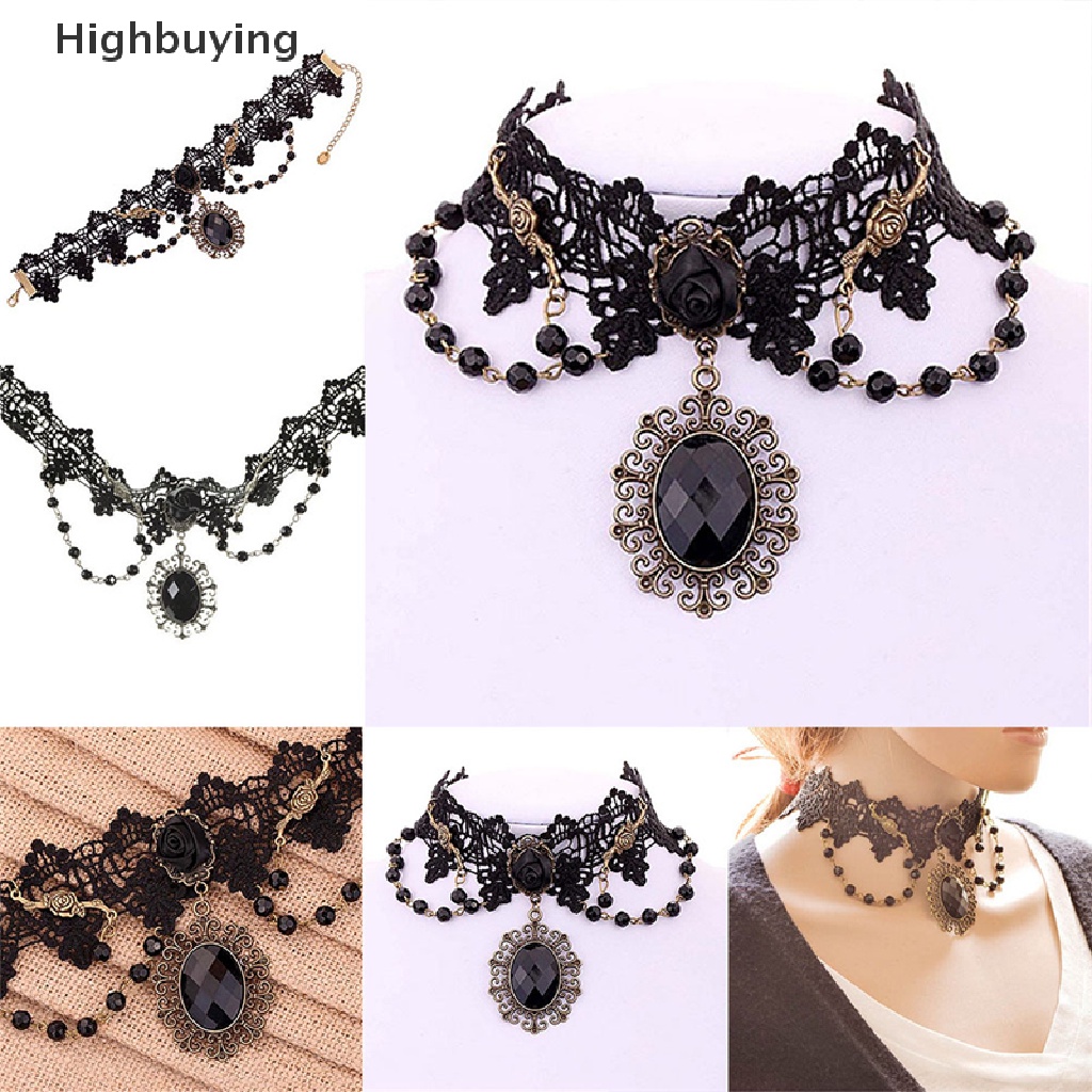 Hbid Fashion Lolita Gothic Hitam Bunga Mawar Renda Choker Kerah Kalung Beads Chain Glory