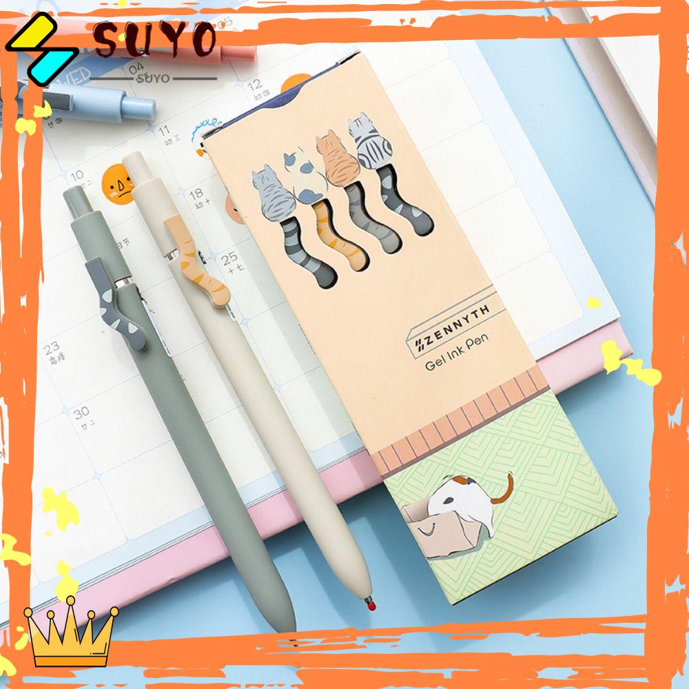 Suyo 4PCS/Set Pena Gel Alat Tulis Kreatif Gaya Mutil Dengan Klip Alat Tulis Ekor Kucing Tekan Tipe Tanda Tangan Pen