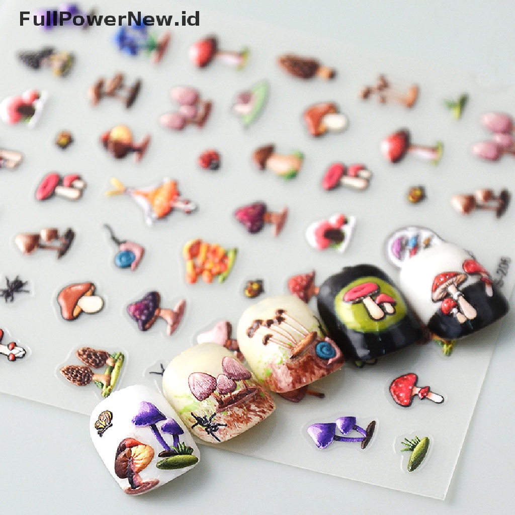 Power 5D Mushroom Nail Decals Jamur Warna-Warni Lem Belakang Nail Art Stiker ID