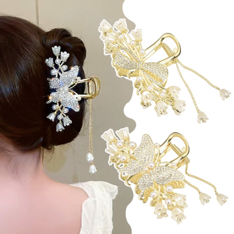 Lily Of The Valley Butterfly Tassel Hairpin/Back Head Fine Grab Clip/Fashion Hiasan Kepala Elegan/Musim Panas Hiu Besar Hairgrips Hiasan Kepala