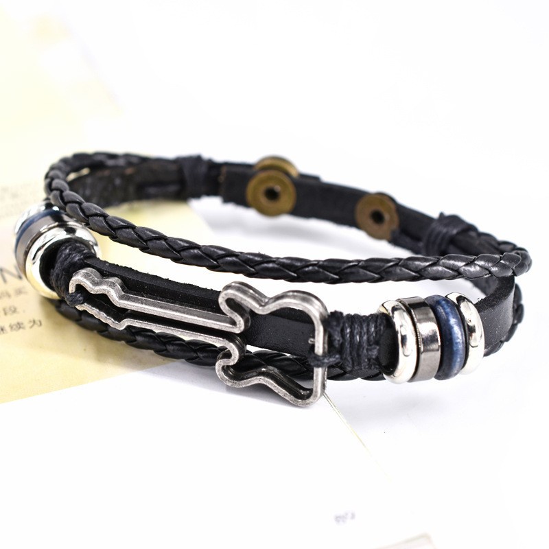 [X C Gelang] Baru Alat Musik Gaya Gelang Hitam Kulit Vintage Hip Hop Punk Gelang Kulit Lengan Manik-Manik Multilayer Zinc Alloy Anyaman Gelang