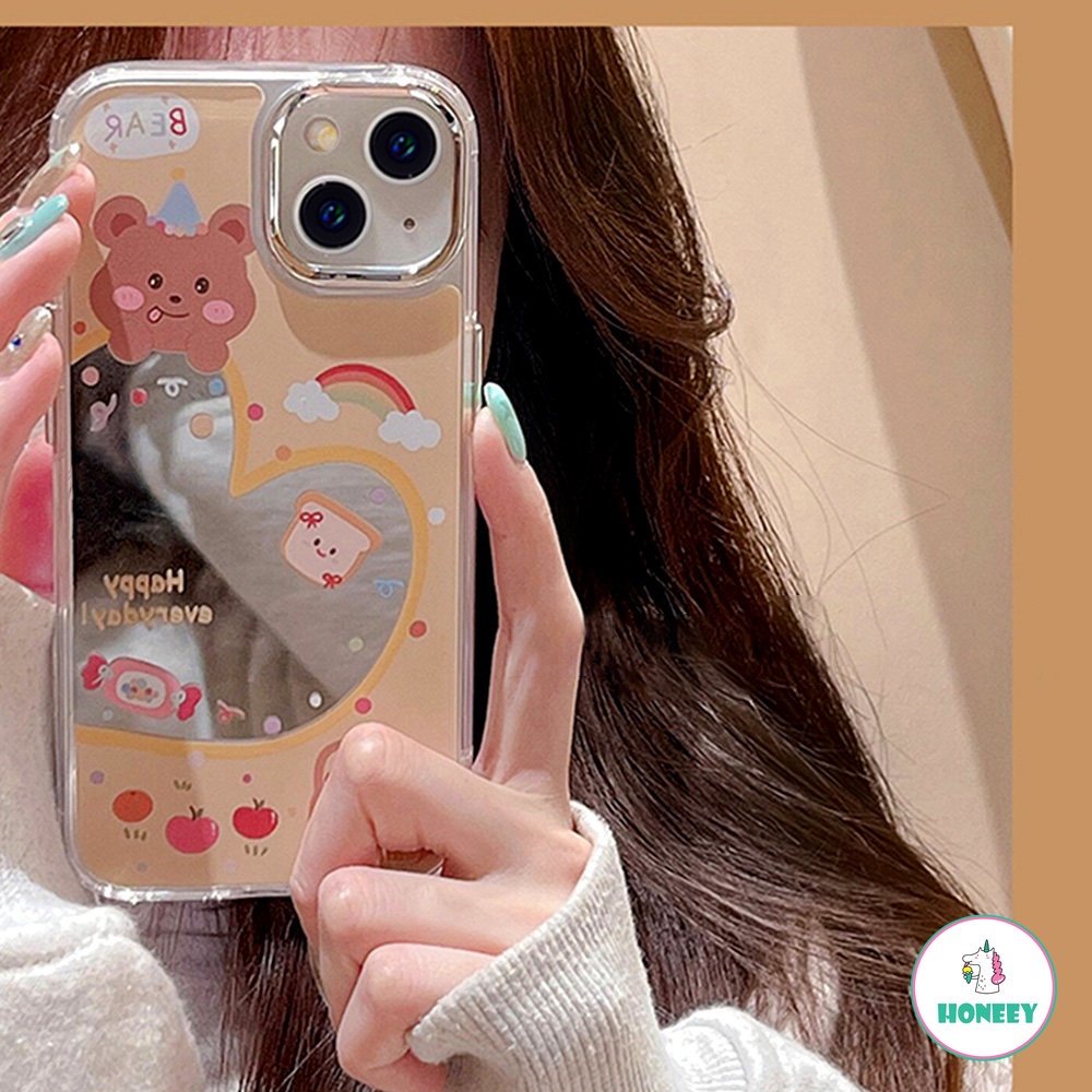 IPHONE Lucu Korea Mewah Cinta Hati Beruang Pelangi Makeup Mirror Phone Case Untuk Iphone11 12 13 14 Pro Max Shockproof Back Cover