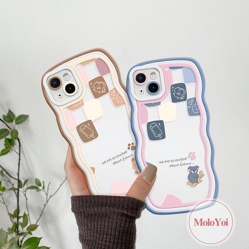 IPHONE Casing Ponsel Kompatibel Untuk Iphone11 6s 7 8 6 14 Plus 13 14 12 Pro MaxX 7Plus XR XS Max SE 2020 Lucu Kartun Beruang Pasangan Wavy Edge Soft Tpu Plaid Ice Cream Cover